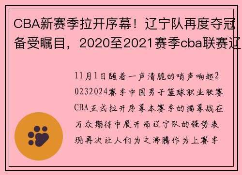 CBA新赛季拉开序幕！辽宁队再度夺冠备受瞩目，2020至2021赛季cba联赛辽宁队赛程表