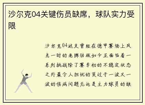 沙尔克04关键伤员缺席，球队实力受限