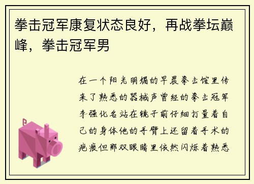 拳击冠军康复状态良好，再战拳坛巅峰，拳击冠军男